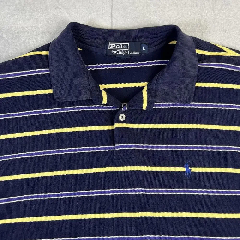 VTG 90s Polo Ralph Lauren Polo Shirt Mens Large Navy Striped Blue Pony - Flaw